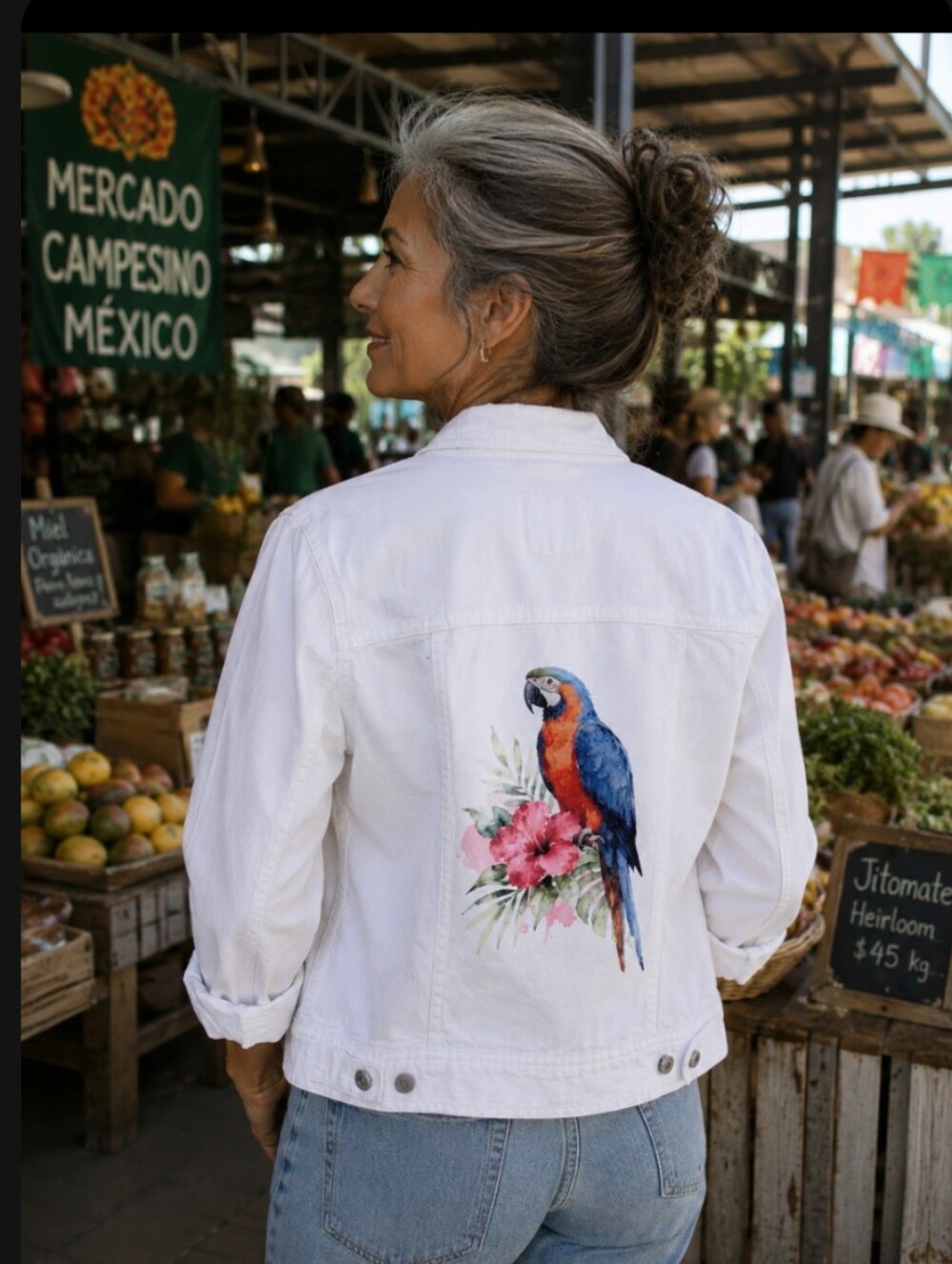 UpCycled Old Navy | Women's Small | Parrot 🦜and Hibiscus 🌺 Jean Jacket | White